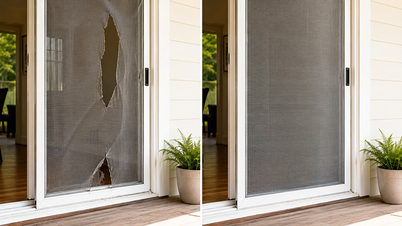 before and after of screen door repair with new mesh