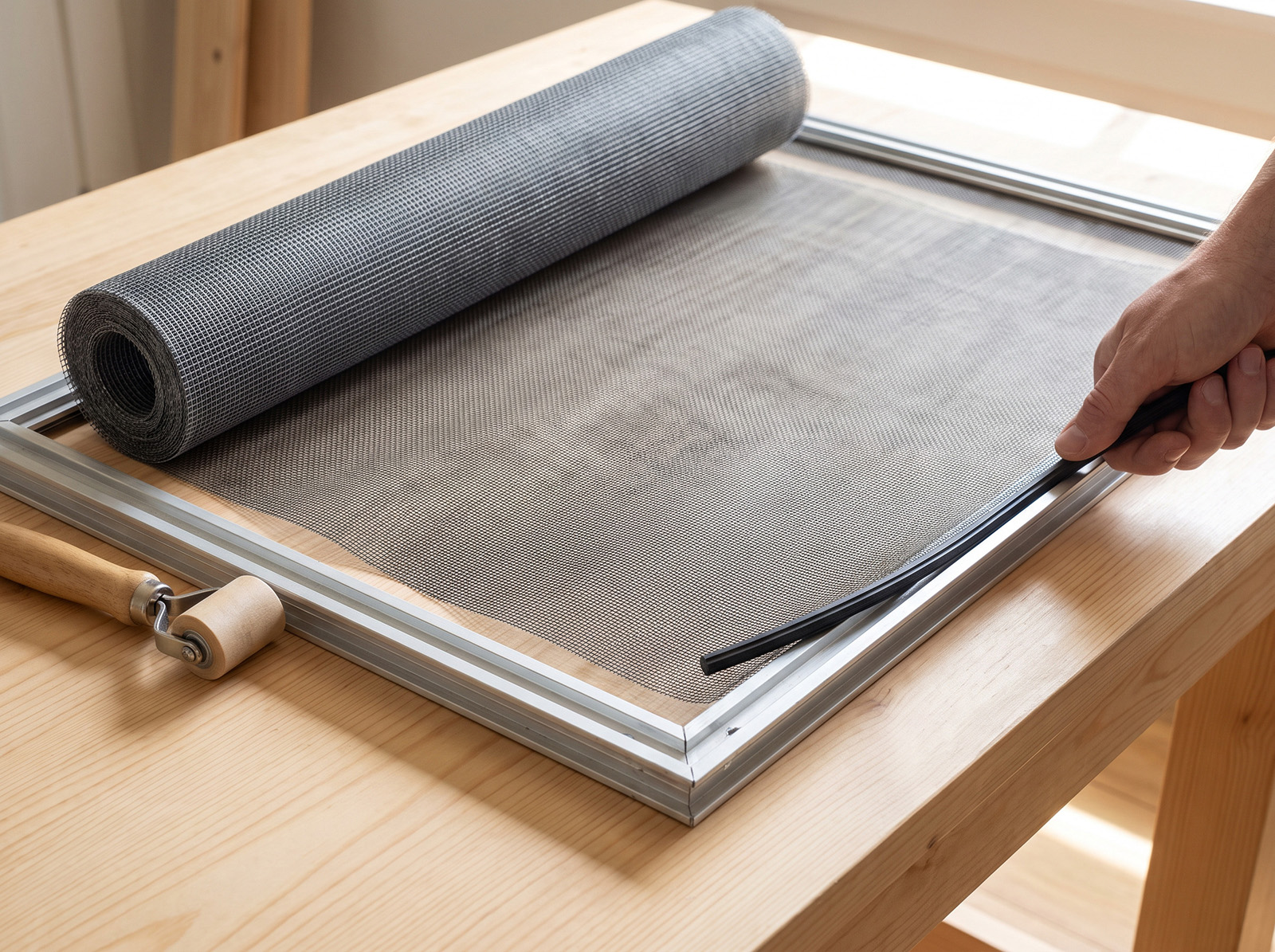 Custom window screen being rescreened with fresh mesh in Spokane.